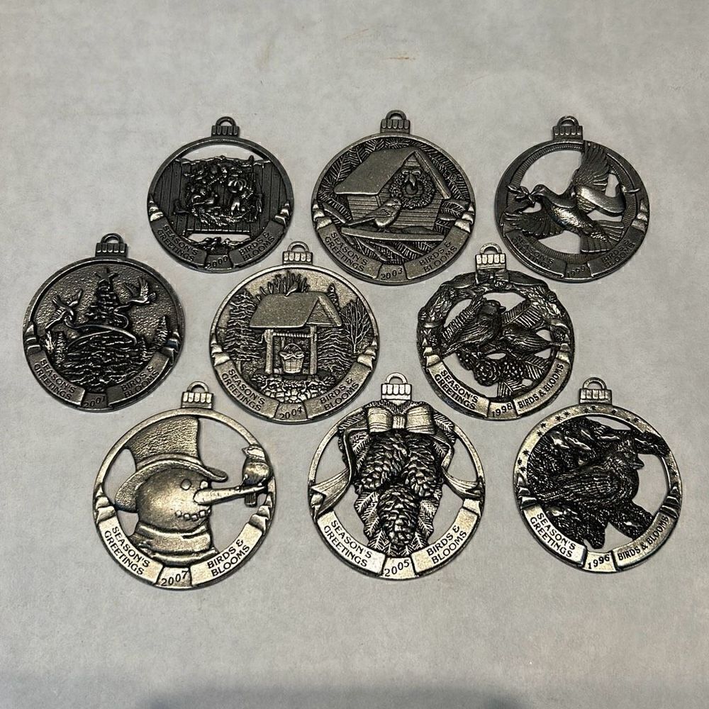 Birds & Blooms Pewter Christmas Ornaments Set Lot 96, 98, 99, 00, 01,03,04,05,07